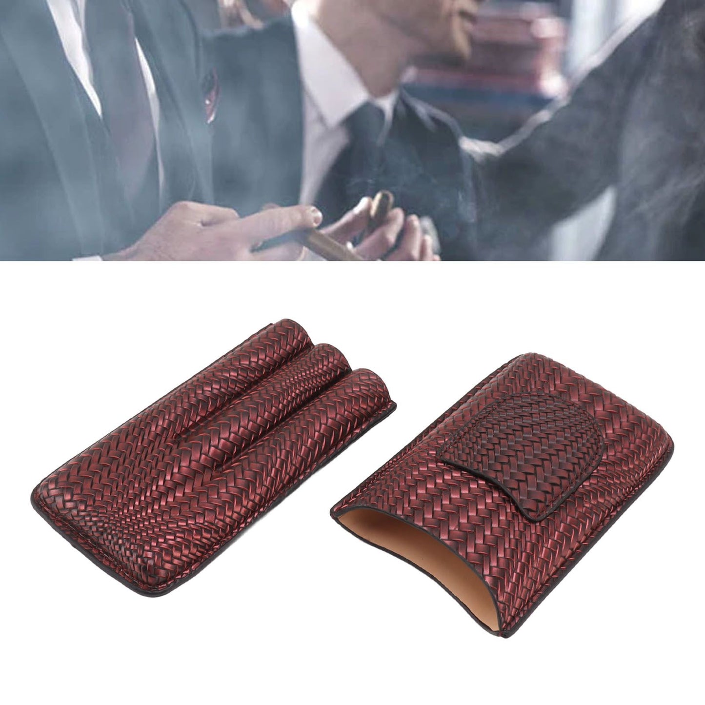 3 Finger Cigar Case Woven Pattern Portable Travel Leather Cigar Humidor Case Smoking Accessories Purple V1294-YM0521-3117230056313