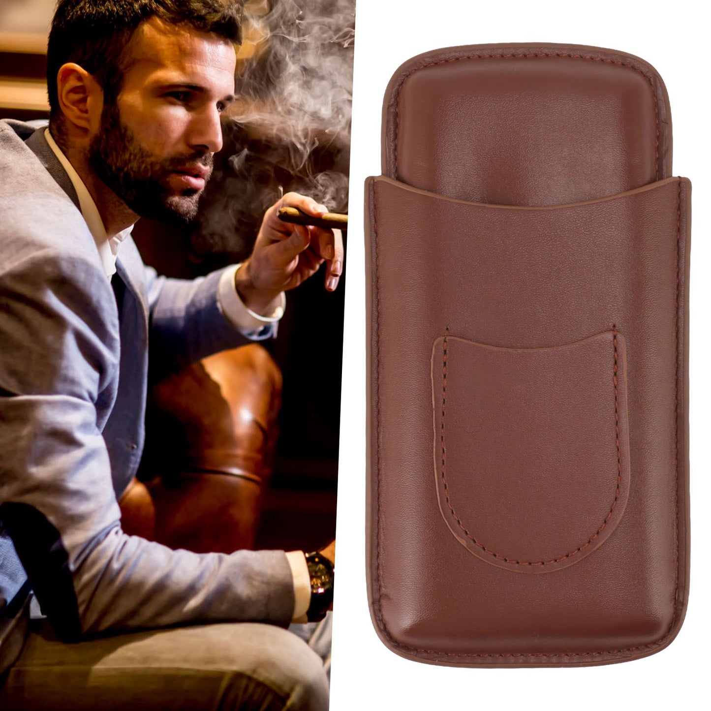 Cigarette Case Leather 3pcs Capacity Portable Cigar Storage Box with Pocket for Outdoor Brown V1294-YM0521-3117230061812