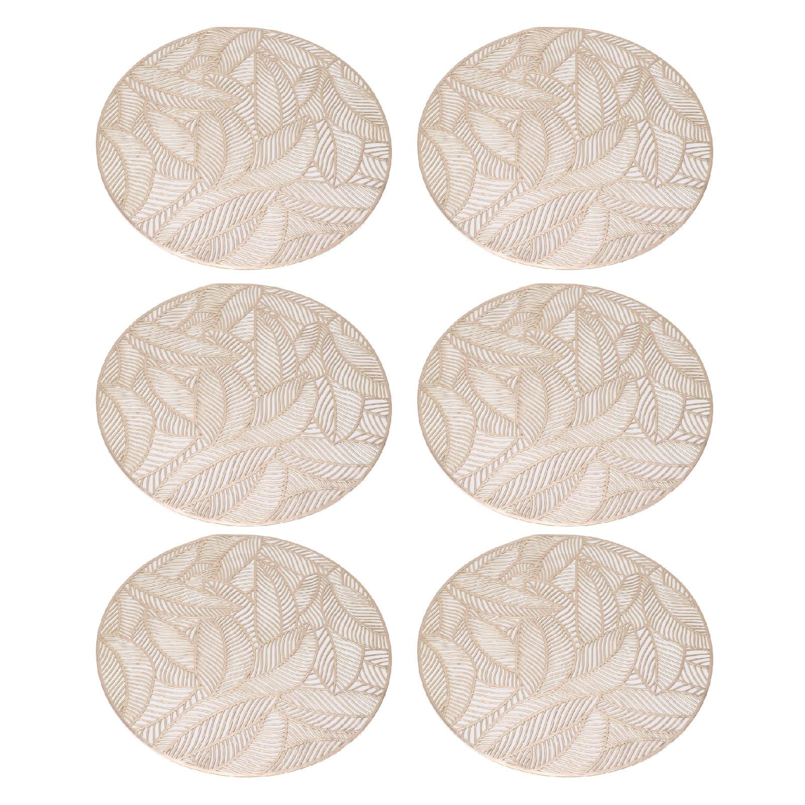 6 Pcs Round Placemat Gold Hollowed Eco Friendly PVC Heat Resistant 38cm Dining Table Mat V1294-YM0521-3117230071311