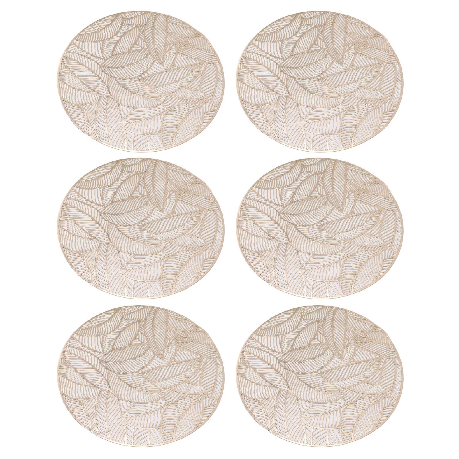 6 Pcs Round Placemat Gold Hollowed Eco Friendly PVC Heat Resistant 38cm Dining Table Mat V1294-YM0521-3117230071311
