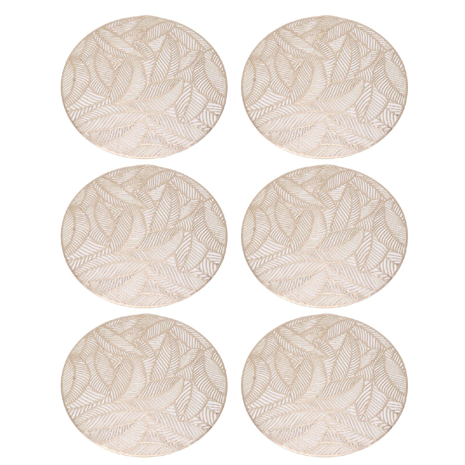 6 Pcs Round Placemat Gold Hollowed Eco Friendly PVC Heat Resistant 38cm Dining Table Mat V1294-YM0521-3117230071311