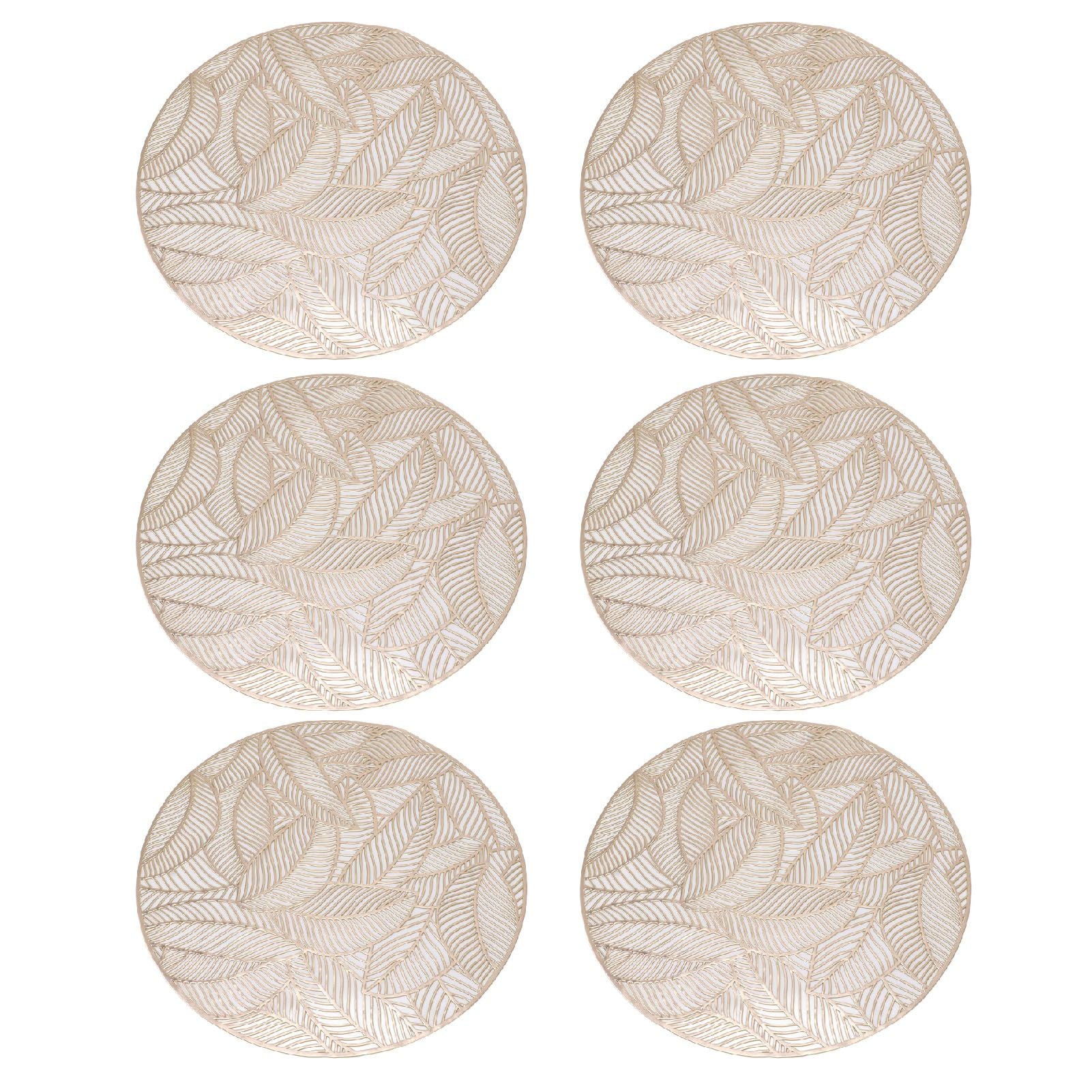 6 Pcs Round Placemat Gold Hollowed Eco Friendly PVC Heat Resistant 38cm Dining Table Mat V1294-YM0521-3117230071311