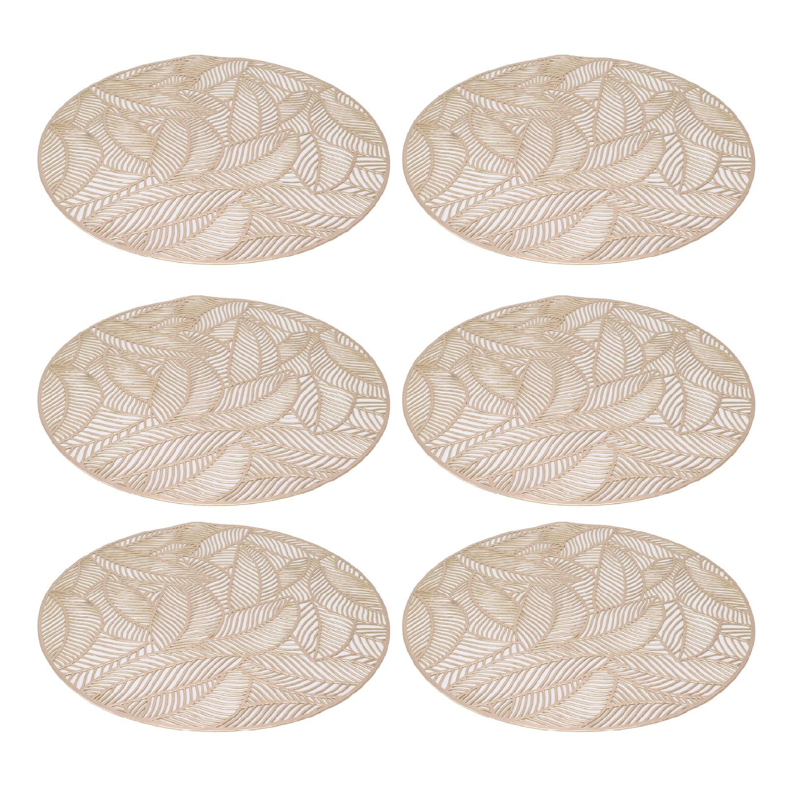 6 Pcs Round Placemat Gold Hollowed Eco Friendly PVC Heat Resistant 38cm Dining Table Mat V1294-YM0521-3117230071311
