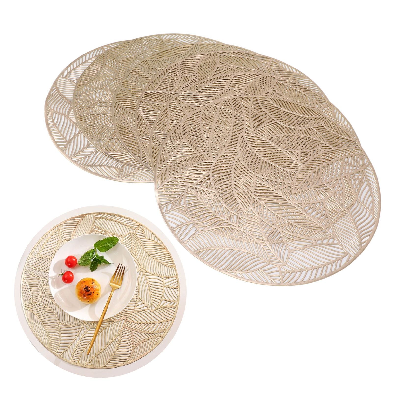 6 Pcs Round Placemat Gold Hollowed Eco Friendly PVC Heat Resistant 38cm Dining Table Mat V1294-YM0521-3117230071311