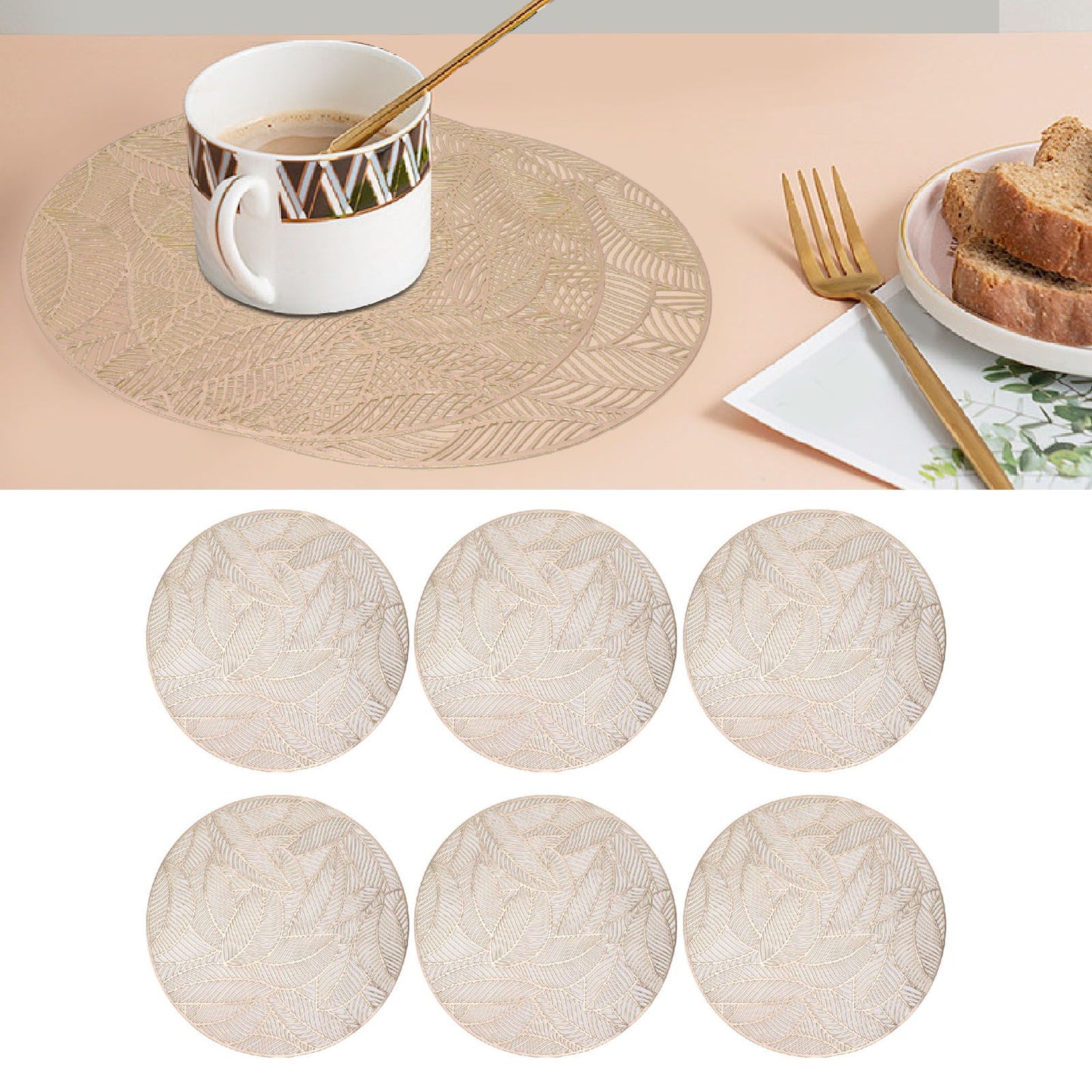 6 Pcs Round Placemat Gold Hollowed Eco Friendly PVC Heat Resistant 38cm Dining Table Mat V1294-YM0521-3117230071311
