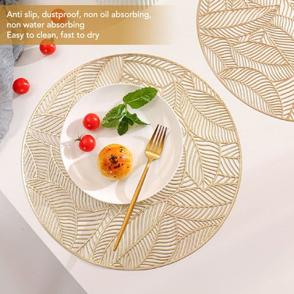 6 Pcs Round Placemat Gold Hollowed Eco Friendly PVC Heat Resistant 38cm Dining Table Mat V1294-YM0521-3117230071311