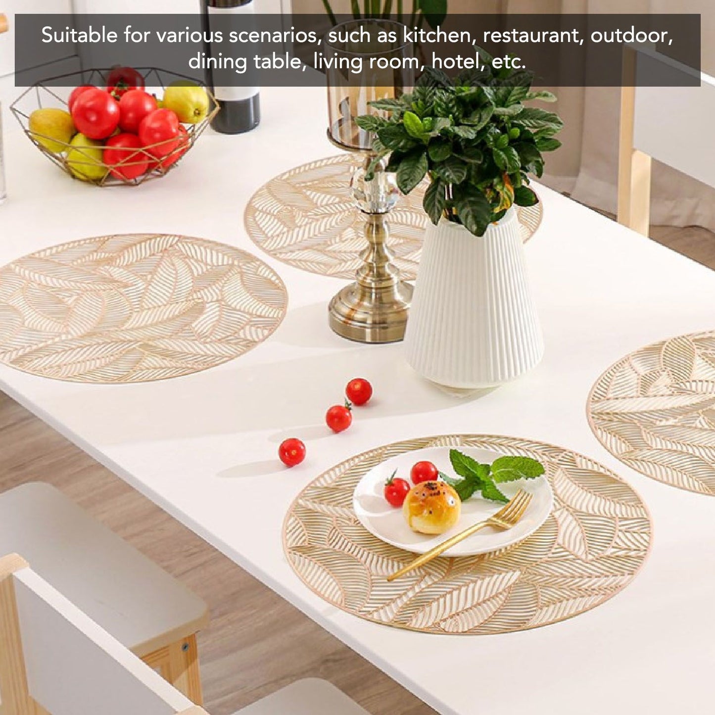 6 Pcs Round Placemat Gold Hollowed Eco Friendly PVC Heat Resistant 38cm Dining Table Mat V1294-YM0521-3117230071311