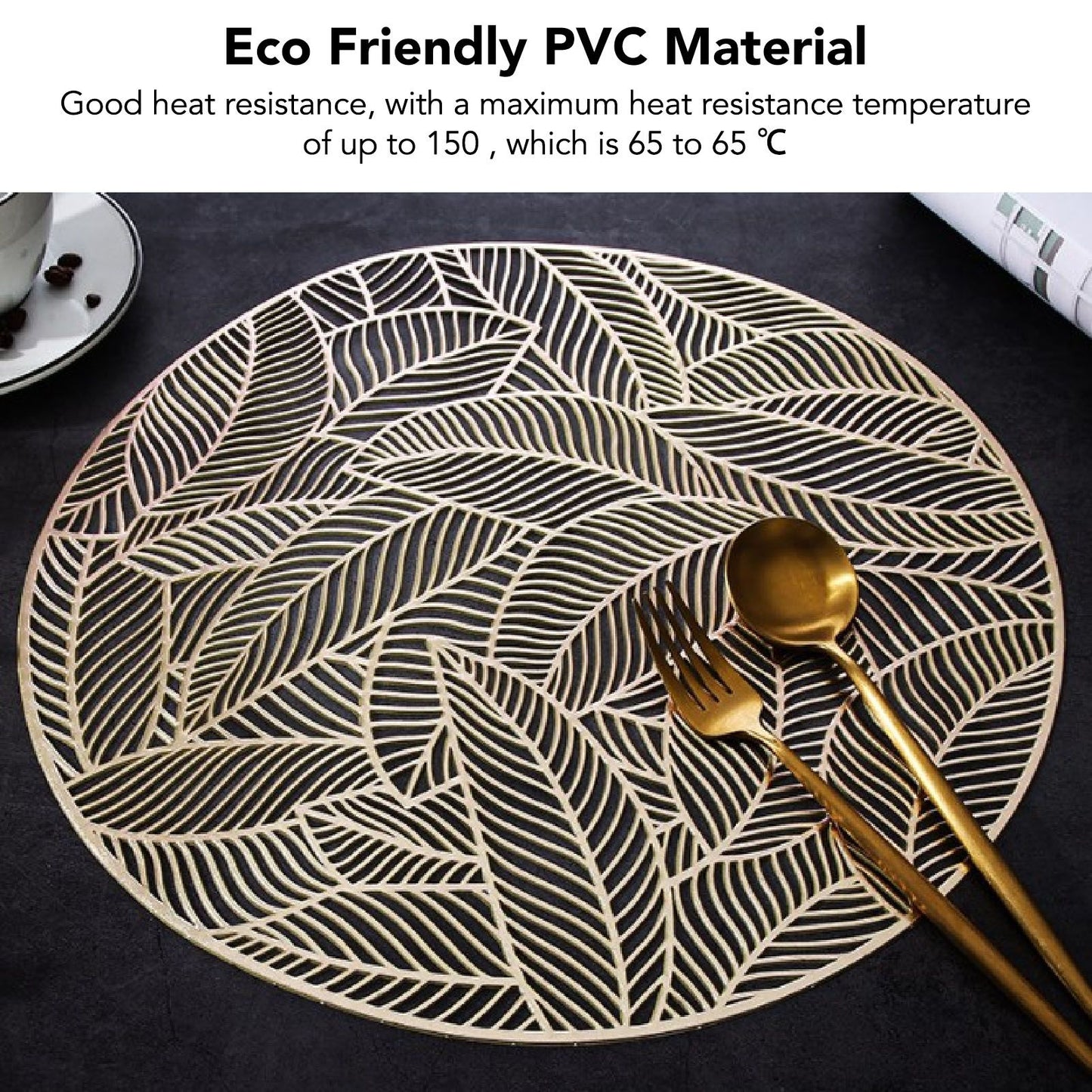 6 Pcs Round Placemat Gold Hollowed Eco Friendly PVC Heat Resistant 38cm Dining Table Mat V1294-YM0521-3117230071311