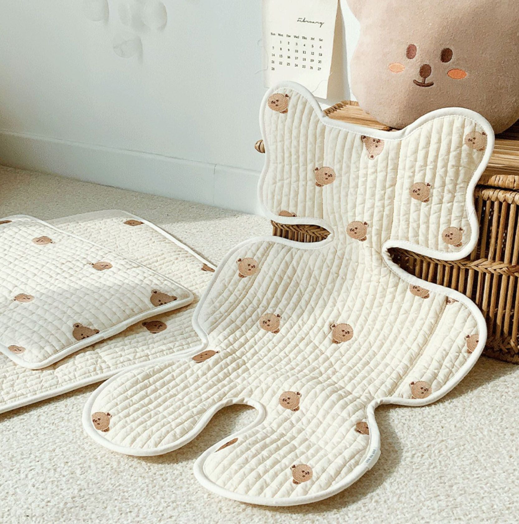 Soft Baby Stroller Seat Cushion Breathable Pure Cotton Infant Car Seat Head Neck Body Support Thin Style Bear V1294-YM0521-3117230077511