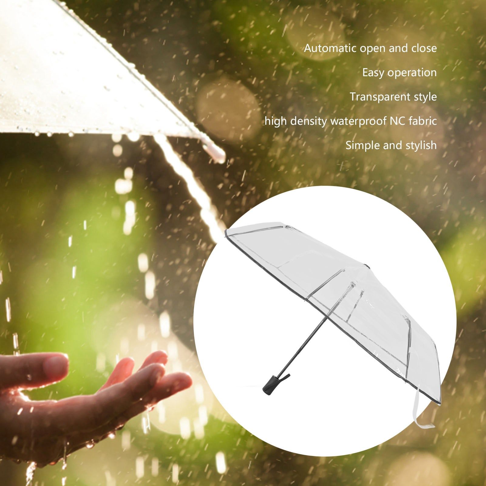 Compact Umbrella Black Transparent Automatic Design Sturdy Structure Travel Umbrella for Backpack Outing V1294-YM0521-3117230078211
