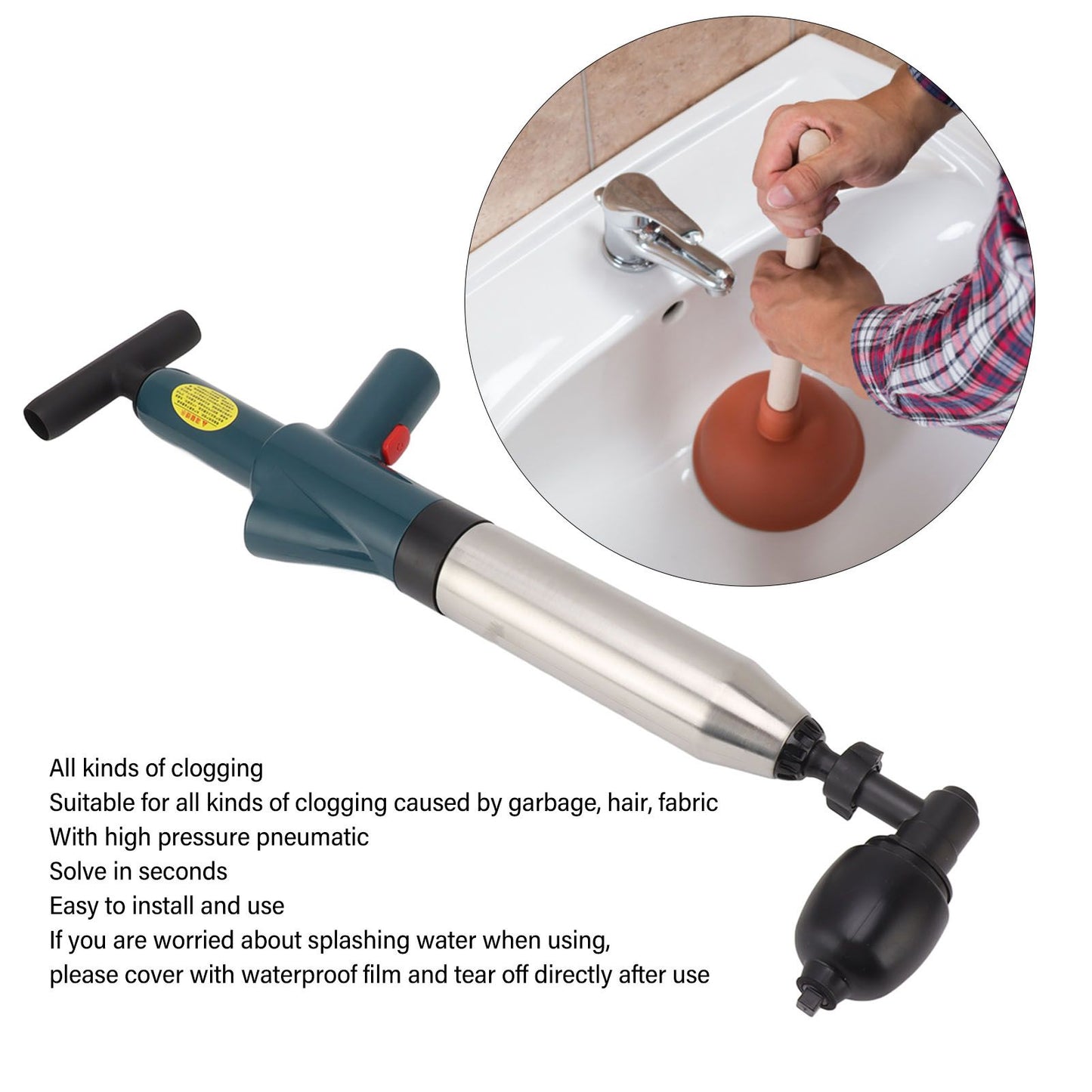 Toilet Plunger Kit High Pressure Fast Efficient Manual Drain Plumb Plunger for Bathroom Kitchen Floor Drain V1294-YM0521-3117230081911