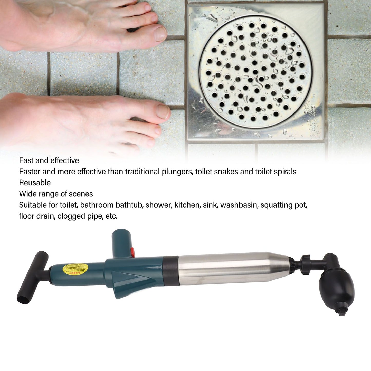 Toilet Plunger Kit High Pressure Fast Efficient Manual Drain Plumb Plunger for Bathroom Kitchen Floor Drain V1294-YM0521-3117230081911