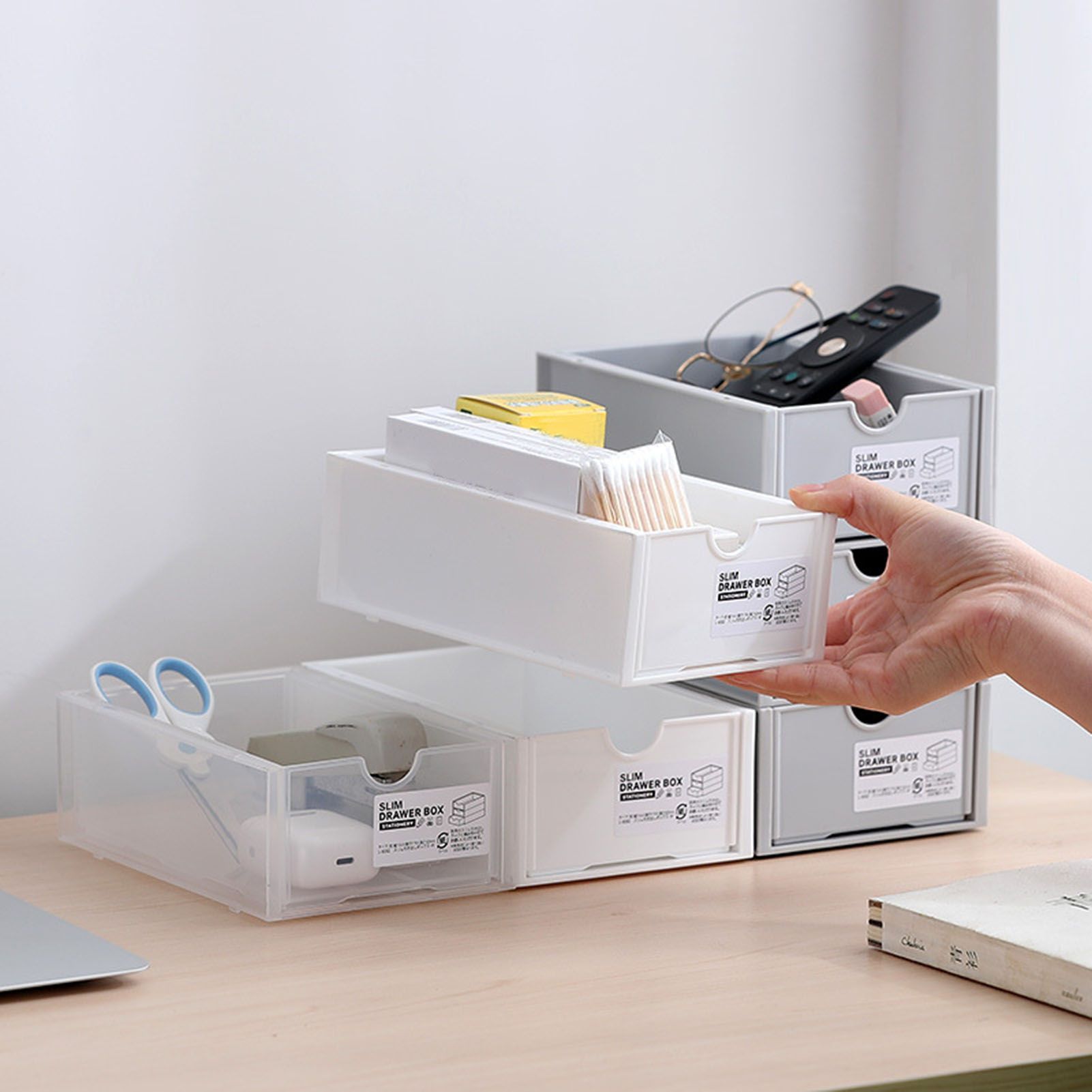 Desktop Storage Box Plastic Desk Makeup Organizer Stationery Supplies Storage Box with Drawer White V1294-YM0521-3117230083411
