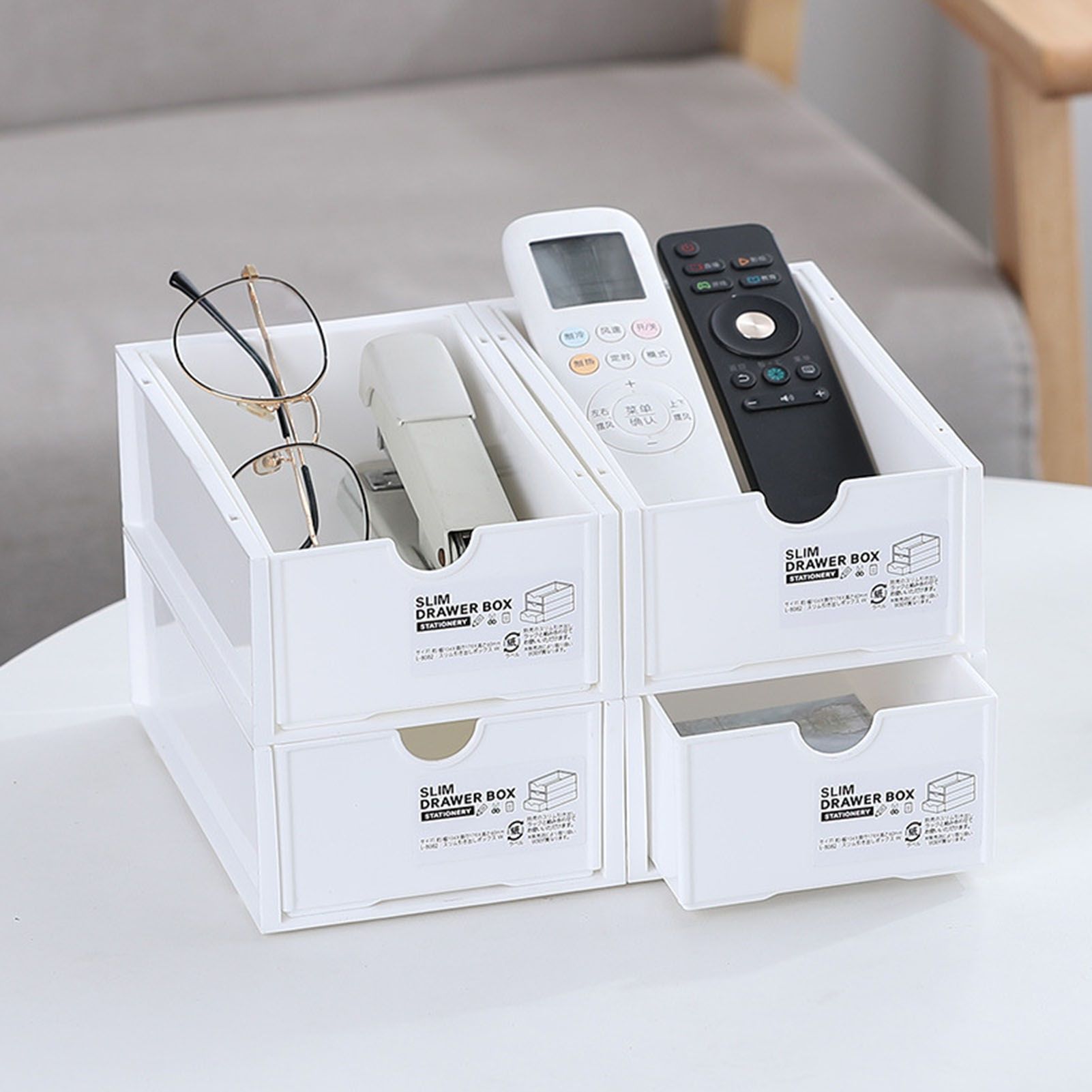 Desktop Storage Box Plastic Desk Makeup Organizer Stationery Supplies Storage Box with Drawer White V1294-YM0521-3117230083411