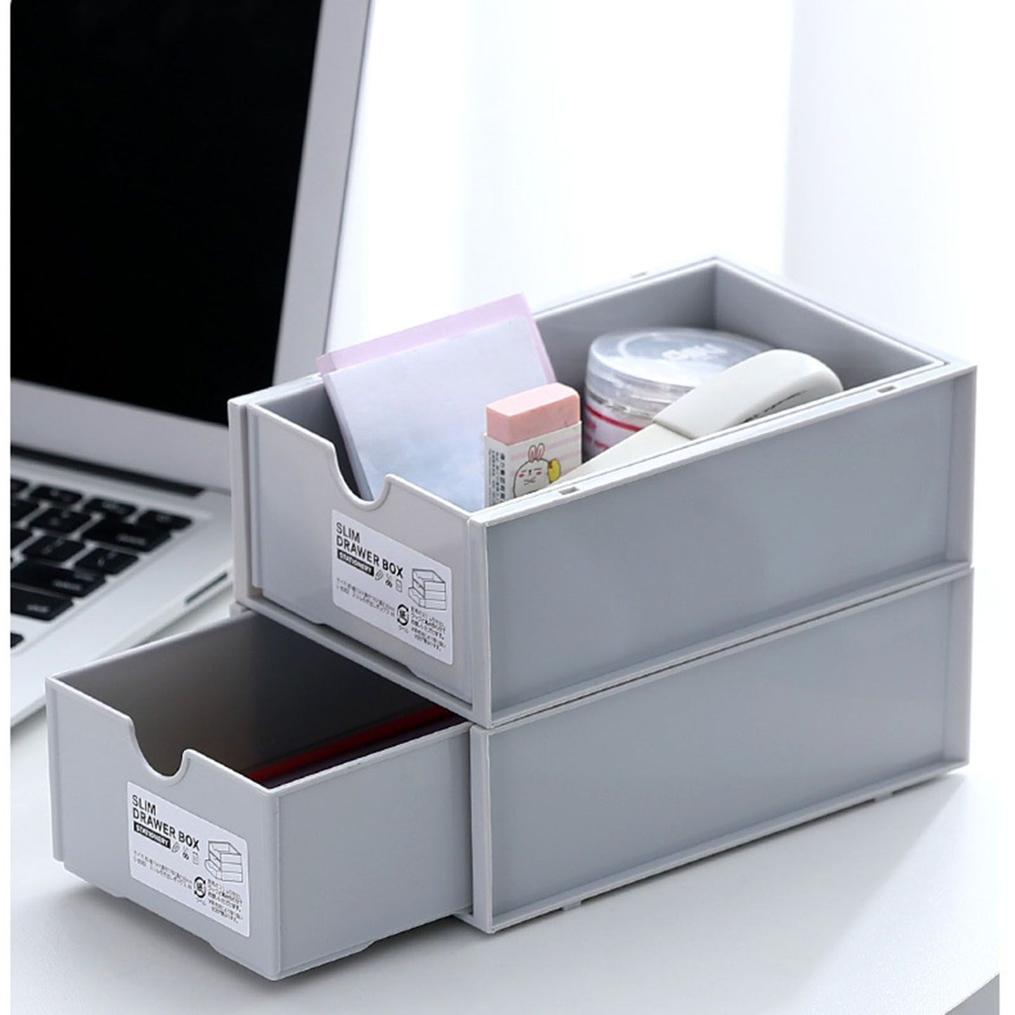 Desktop Storage Box Plastic Desk Makeup Organizer Stationery Supplies Storage Box with Drawer Grey V1294-YM0521-3117230083413