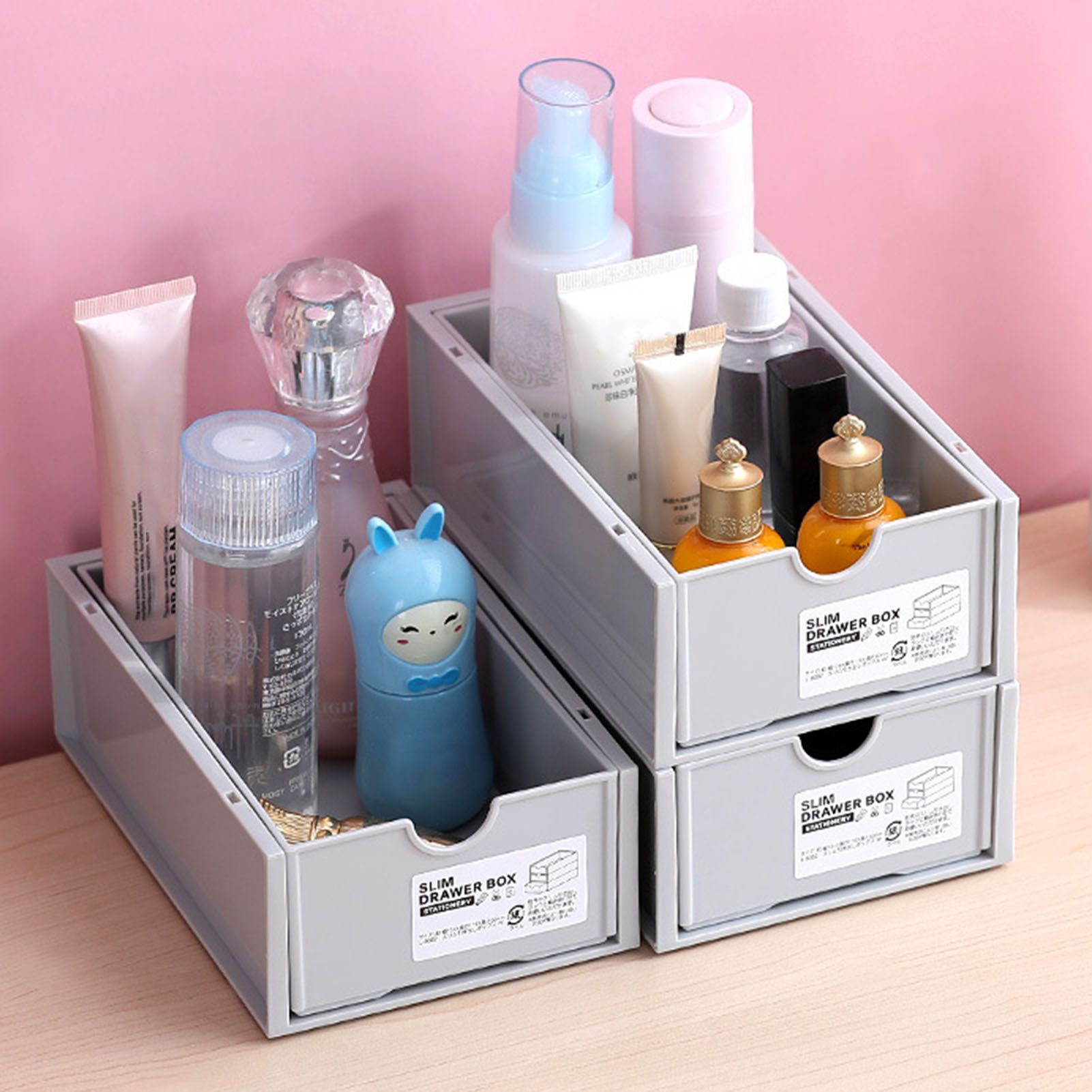 Desktop Storage Box Plastic Desk Makeup Organizer Stationery Supplies Storage Box with Drawer Grey V1294-YM0521-3117230083413
