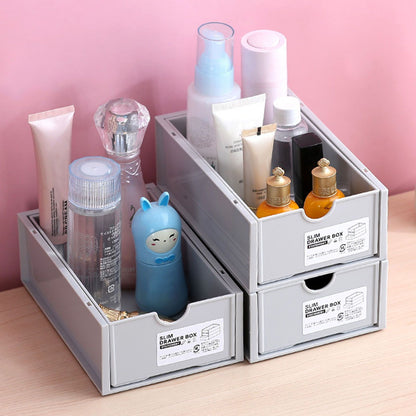 Desktop Storage Box Plastic Desk Makeup Organizer Stationery Supplies Storage Box with Drawer Grey V1294-YM0521-3117230083413