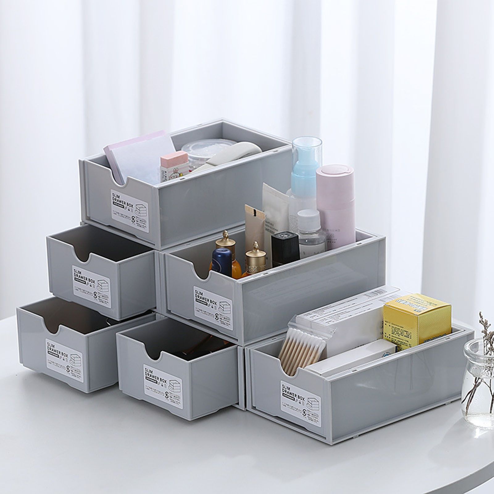 Desktop Storage Box Plastic Desk Makeup Organizer Stationery Supplies Storage Box with Drawer Grey V1294-YM0521-3117230083413