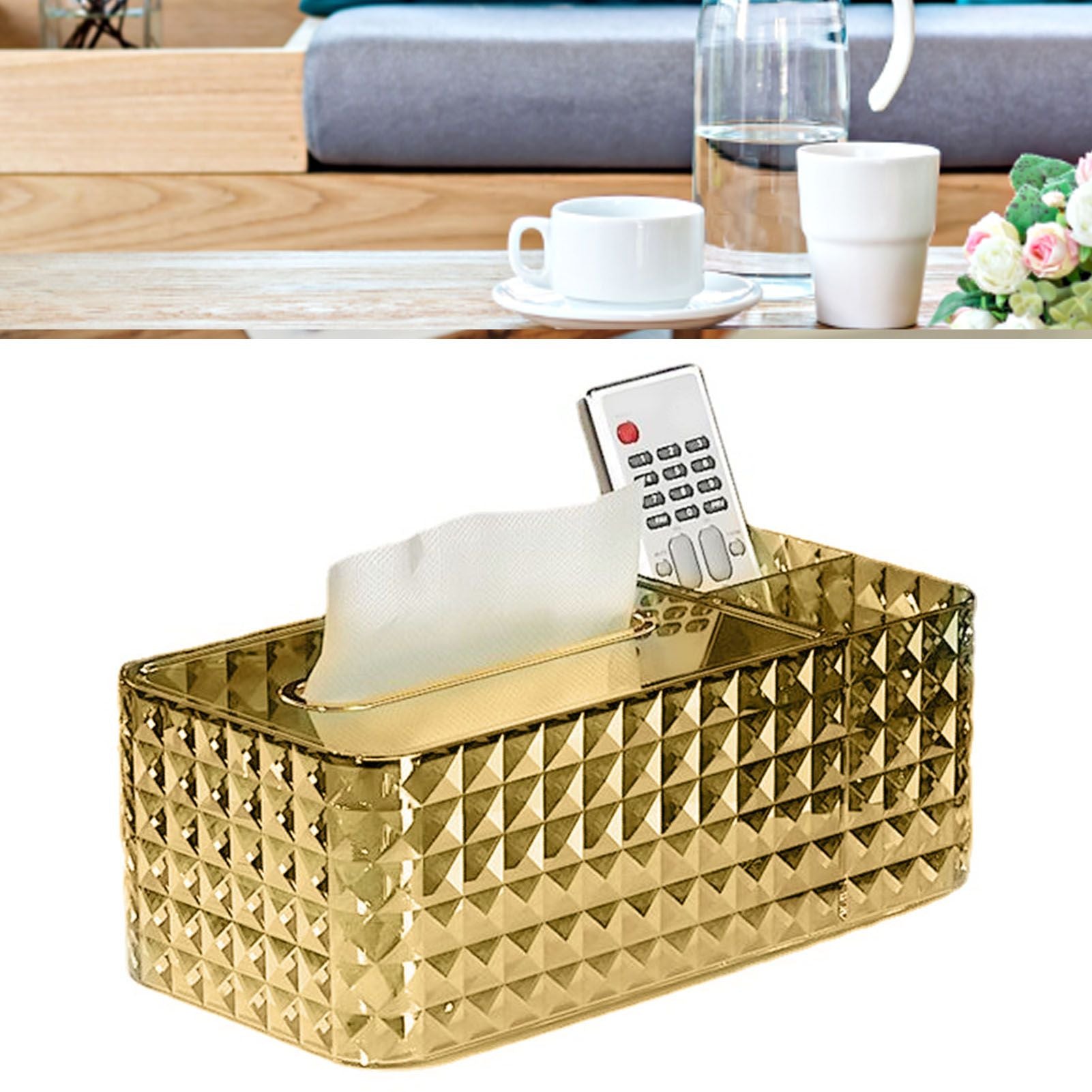 Tissue Storage Box Rhombus Texture Side Partition Towel Napkin Container Case Transparent Gold V1294-YM0521-3117230086512