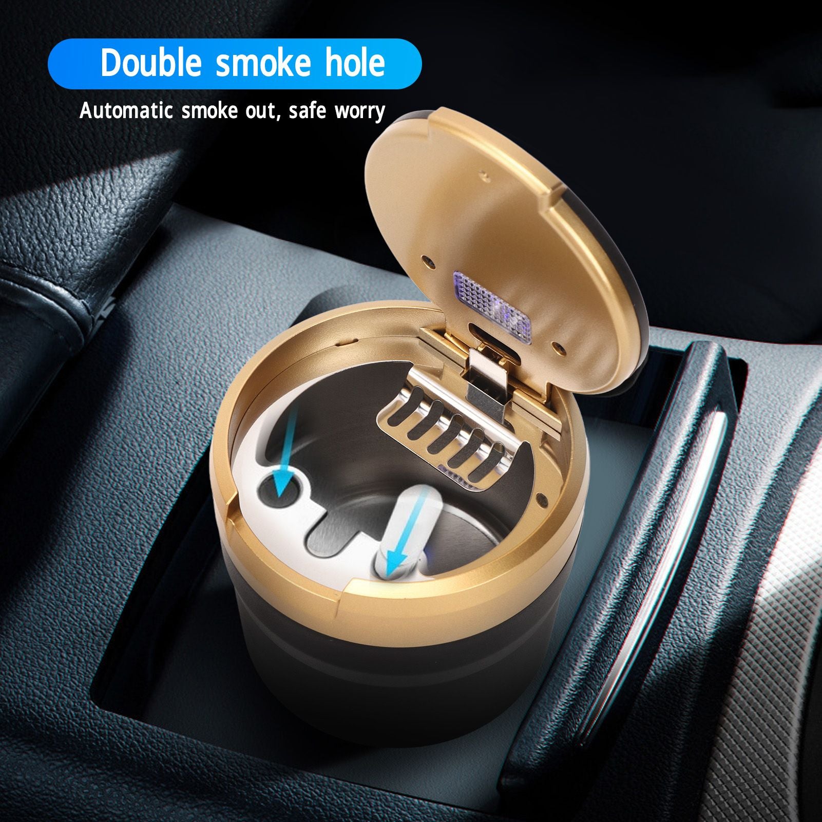 Car Ashtray with Lid Portable Smokeless Cigarette Ashtray Cup Holder with LED Blue Light for Home Wave V1294-YM0521-3117230087512