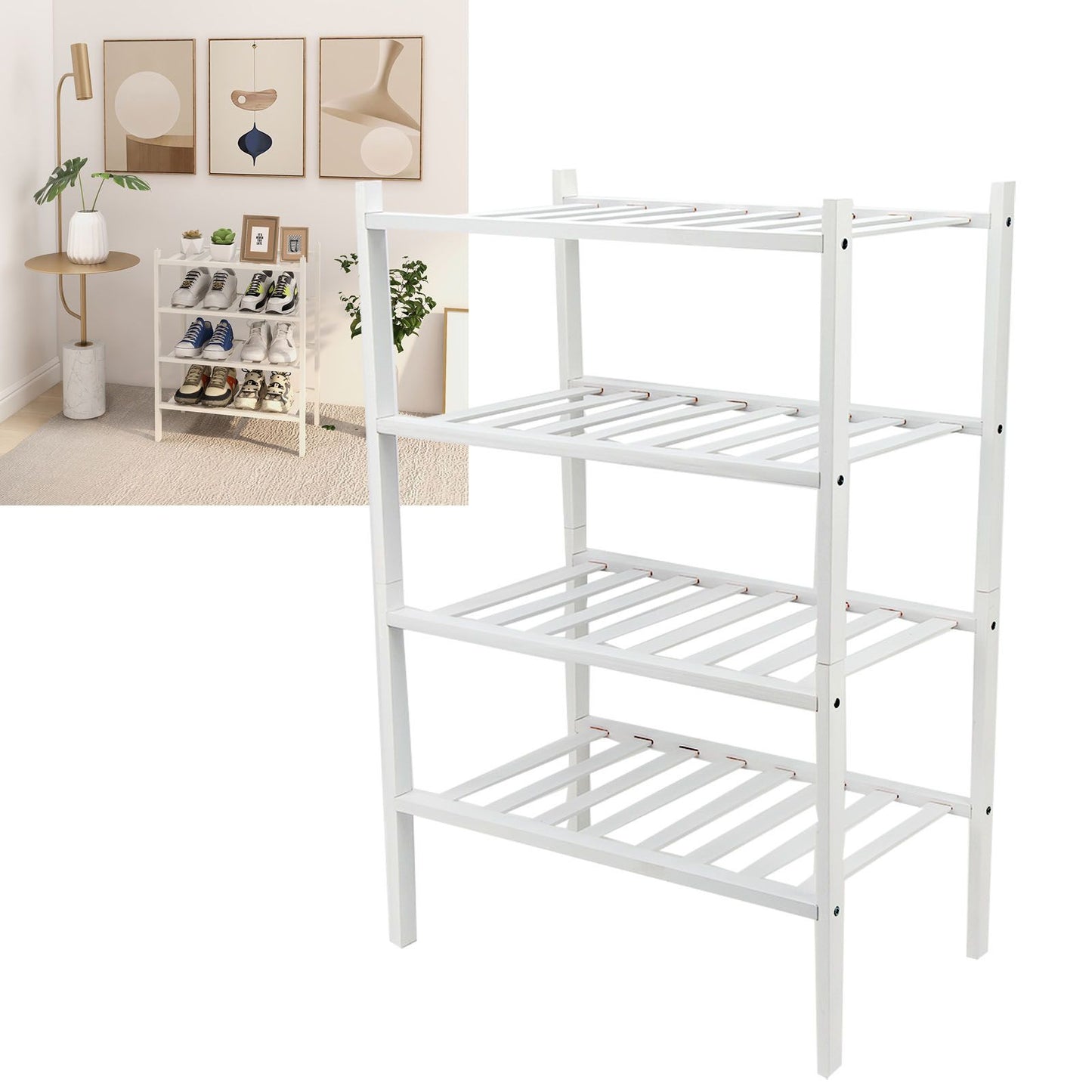 4 Tier Shoe Rack White Stackable Shoes Rack Organizer Multifunctional Bamboo Shoe Rack for Home Hotel Dorm V1294-YM0521-3117230094411