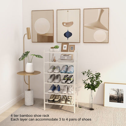 4 Tier Shoe Rack White Stackable Shoes Rack Organizer Multifunctional Bamboo Shoe Rack for Home Hotel Dorm V1294-YM0521-3117230094411