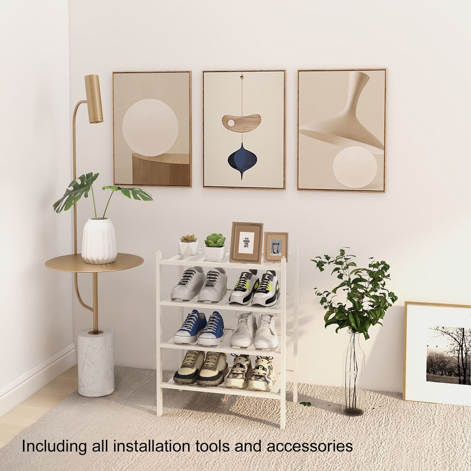 4 Tier Shoe Rack White Stackable Shoes Rack Organizer Multifunctional Bamboo Shoe Rack for Home Hotel Dorm V1294-YM0521-3117230094411