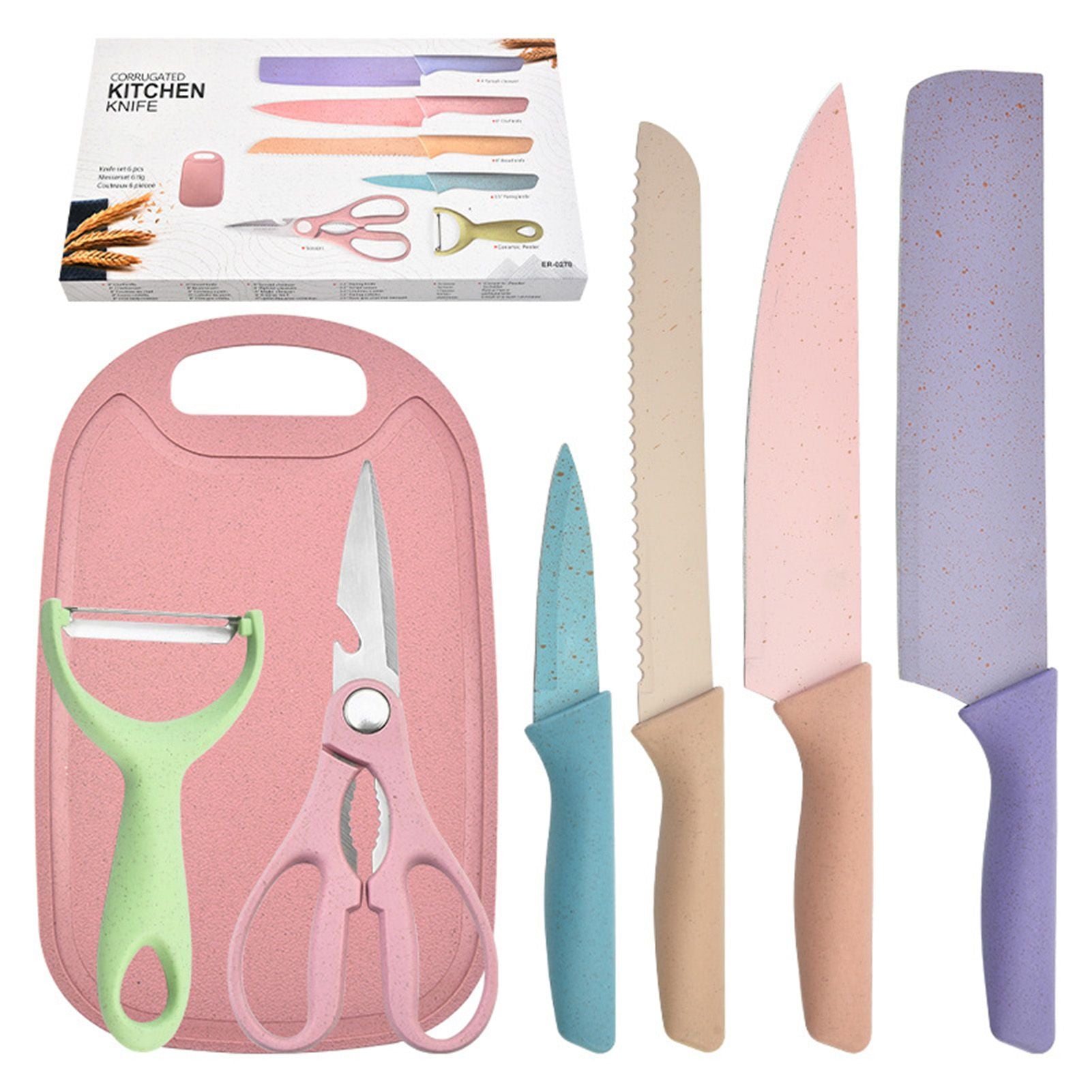 7 PCS Wheat Straw Knife Set Chef Knife Bread Knife Peeling Knife Scissors Peeler Cutter Kit with Chopping V1294-YM0521-3118220313611