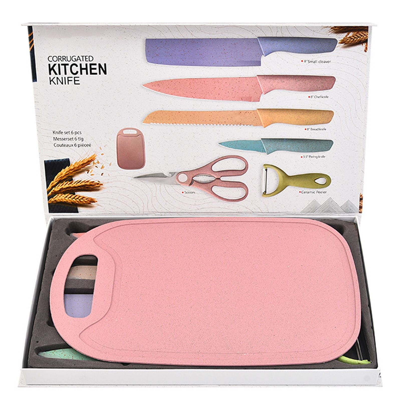 7 PCS Wheat Straw Knife Set Chef Knife Bread Knife Peeling Knife Scissors Peeler Cutter Kit with Chopping V1294-YM0521-3118220313611