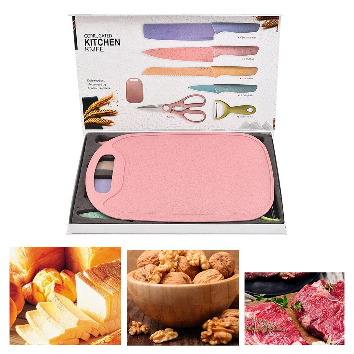 7 PCS Wheat Straw Knife Set Chef Knife Bread Knife Peeling Knife Scissors Peeler Cutter Kit with Chopping V1294-YM0521-3118220313611