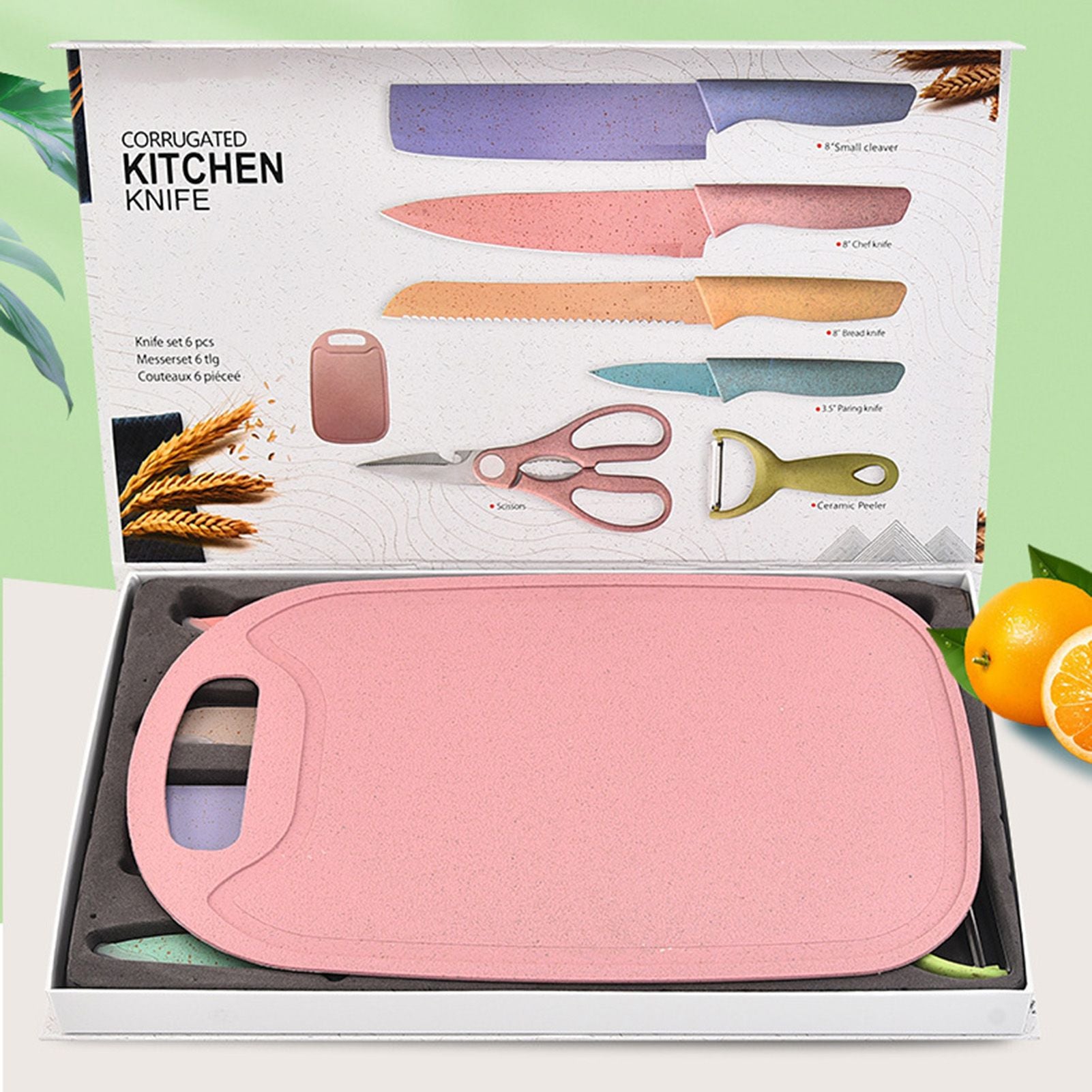 7 PCS Wheat Straw Knife Set Chef Knife Bread Knife Peeling Knife Scissors Peeler Cutter Kit with Chopping V1294-YM0521-3118220313611