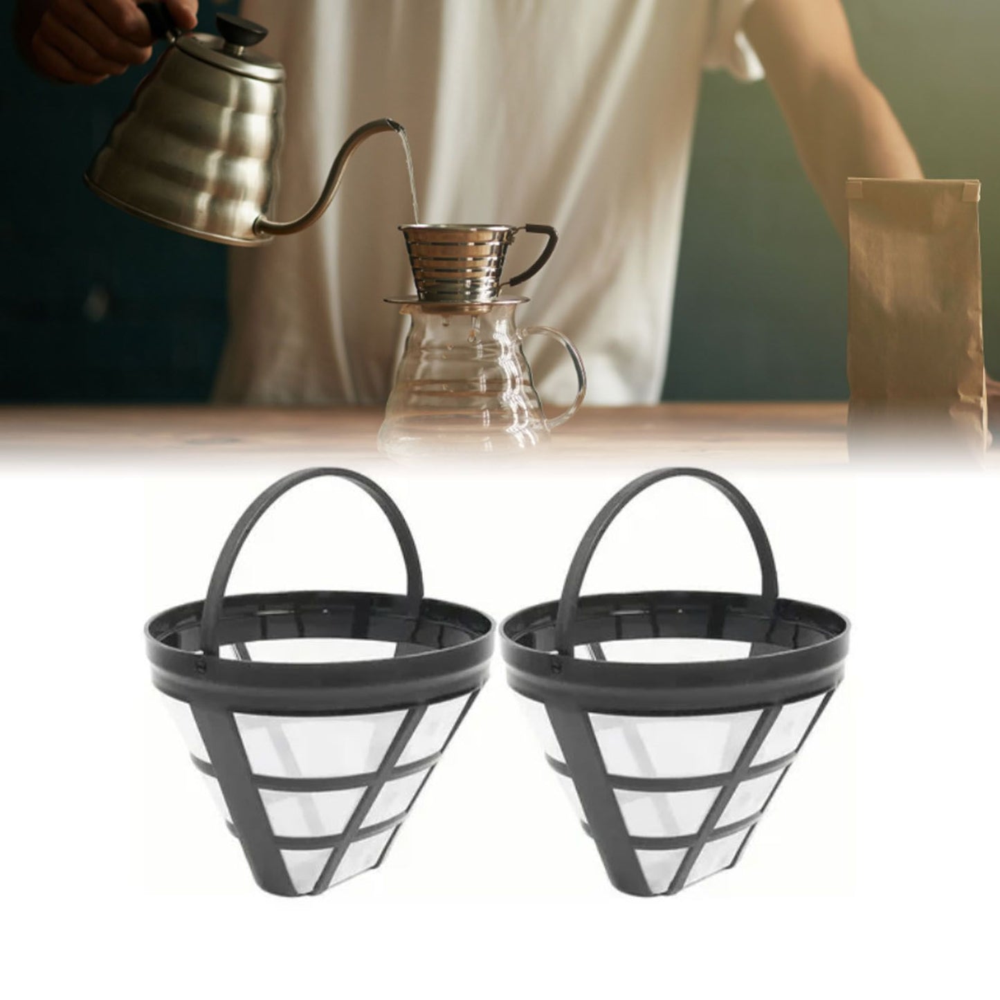 2PCS Reusable Coffee Filter Stainless Steel Nylon Effective Filtering Permanent Cone Coffee Maker Filter for V1294-YM0521-3118220316911