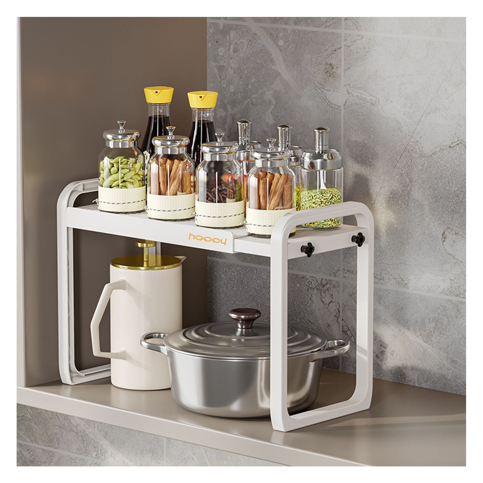 Tabletop Kitchen Storage Rack White Plastic Double Layers Telescopic Kitchen Shelf Organizer for Home Stove V1294-YM0521-3118220328711