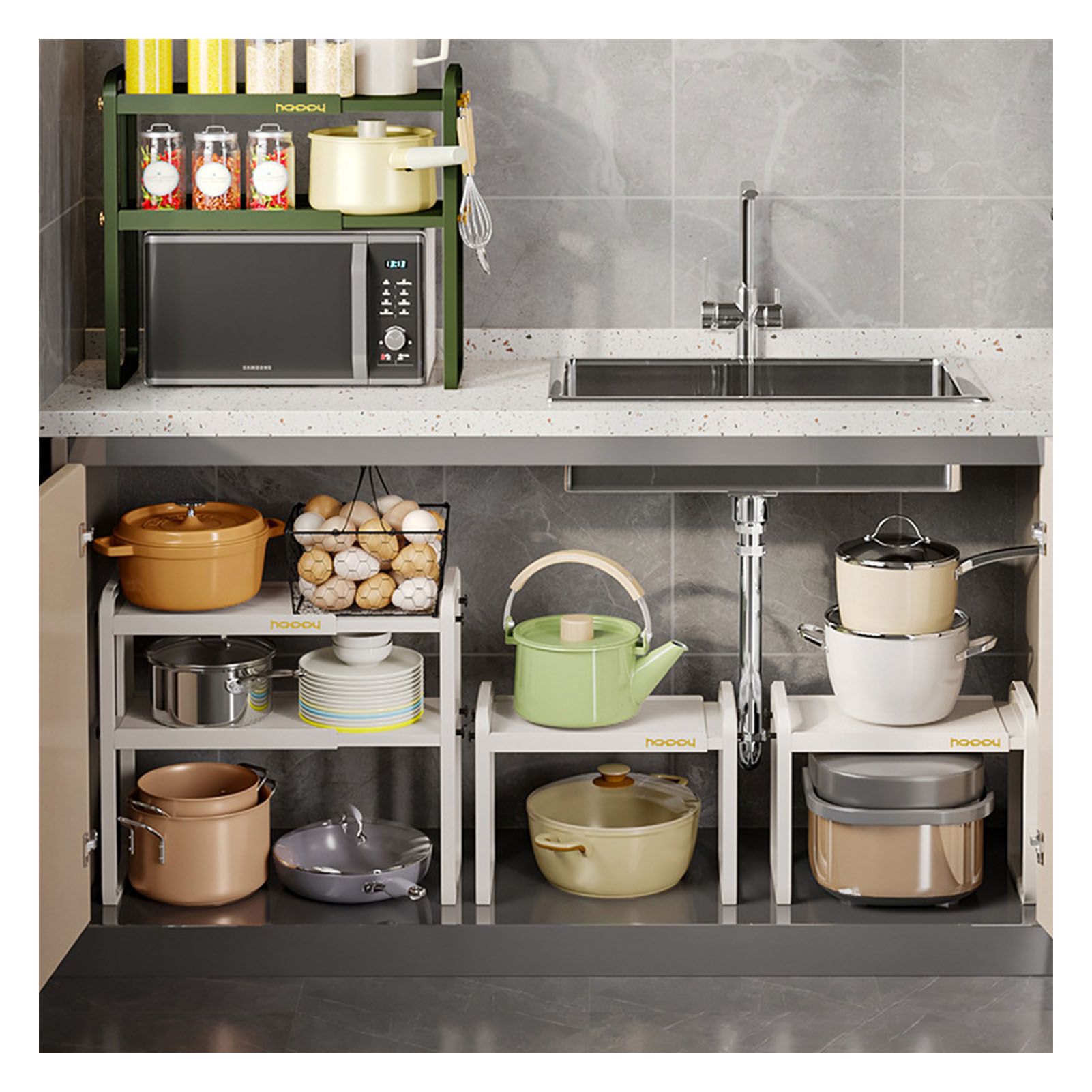 Tabletop Kitchen Storage Rack White Plastic Double Layers Telescopic Kitchen Shelf Organizer for Home Stove V1294-YM0521-3118220328711