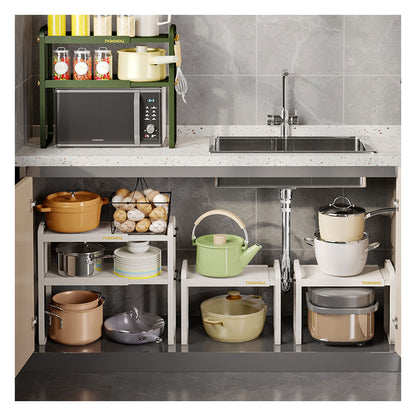 Tabletop Kitchen Storage Rack White Plastic Double Layers Telescopic Kitchen Shelf Organizer for Home Stove V1294-YM0521-3118220328711