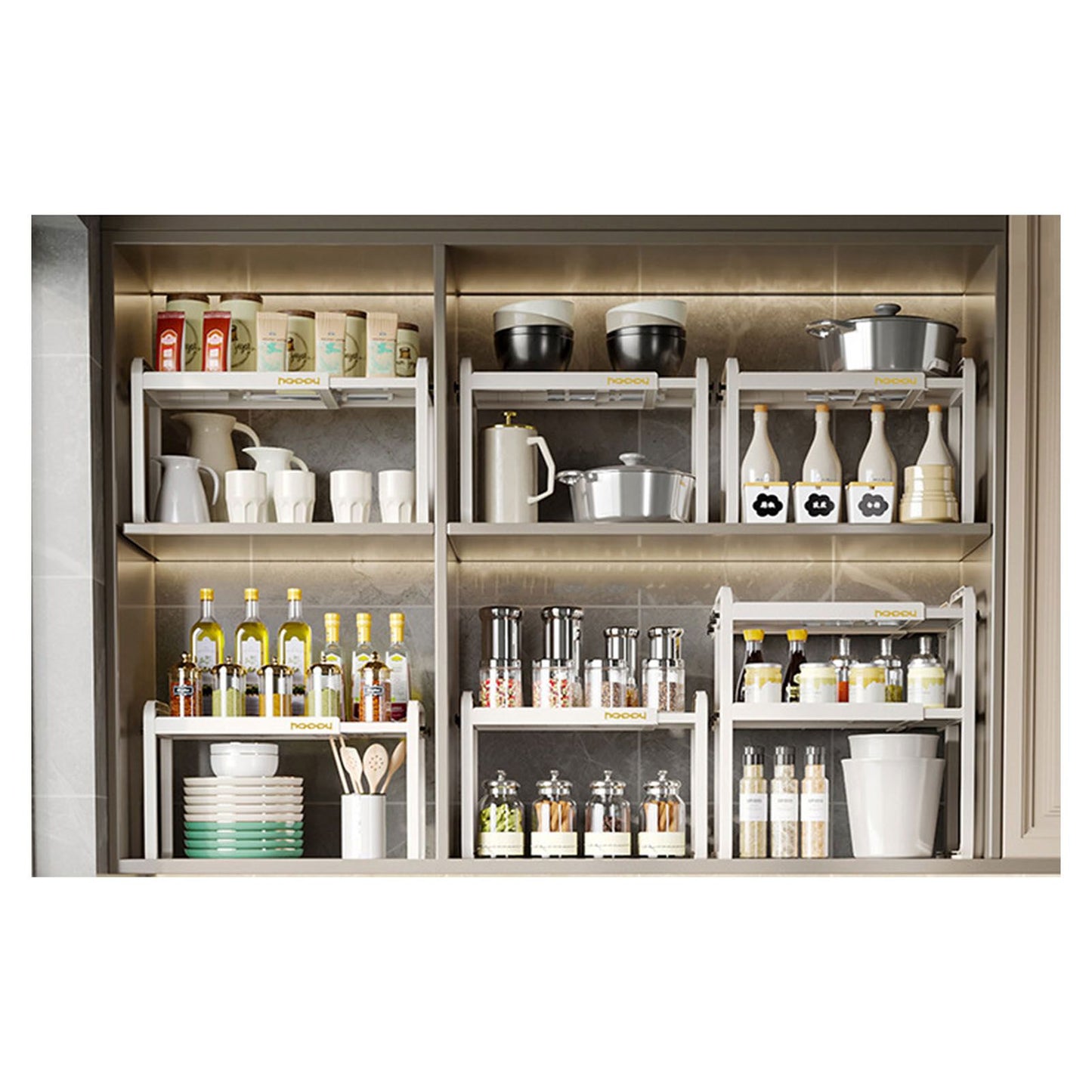 Tabletop Kitchen Storage Rack White Plastic Double Layers Telescopic Kitchen Shelf Organizer for Home Stove V1294-YM0521-3118220328711