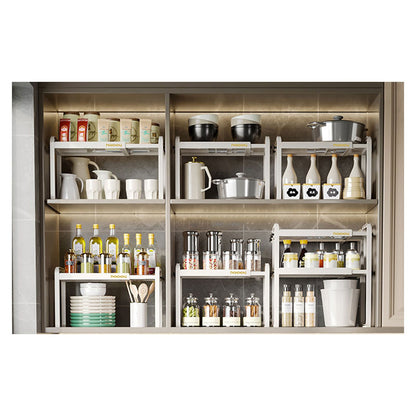 Tabletop Kitchen Storage Rack White Plastic Double Layers Telescopic Kitchen Shelf Organizer for Home Stove V1294-YM0521-3118220328711