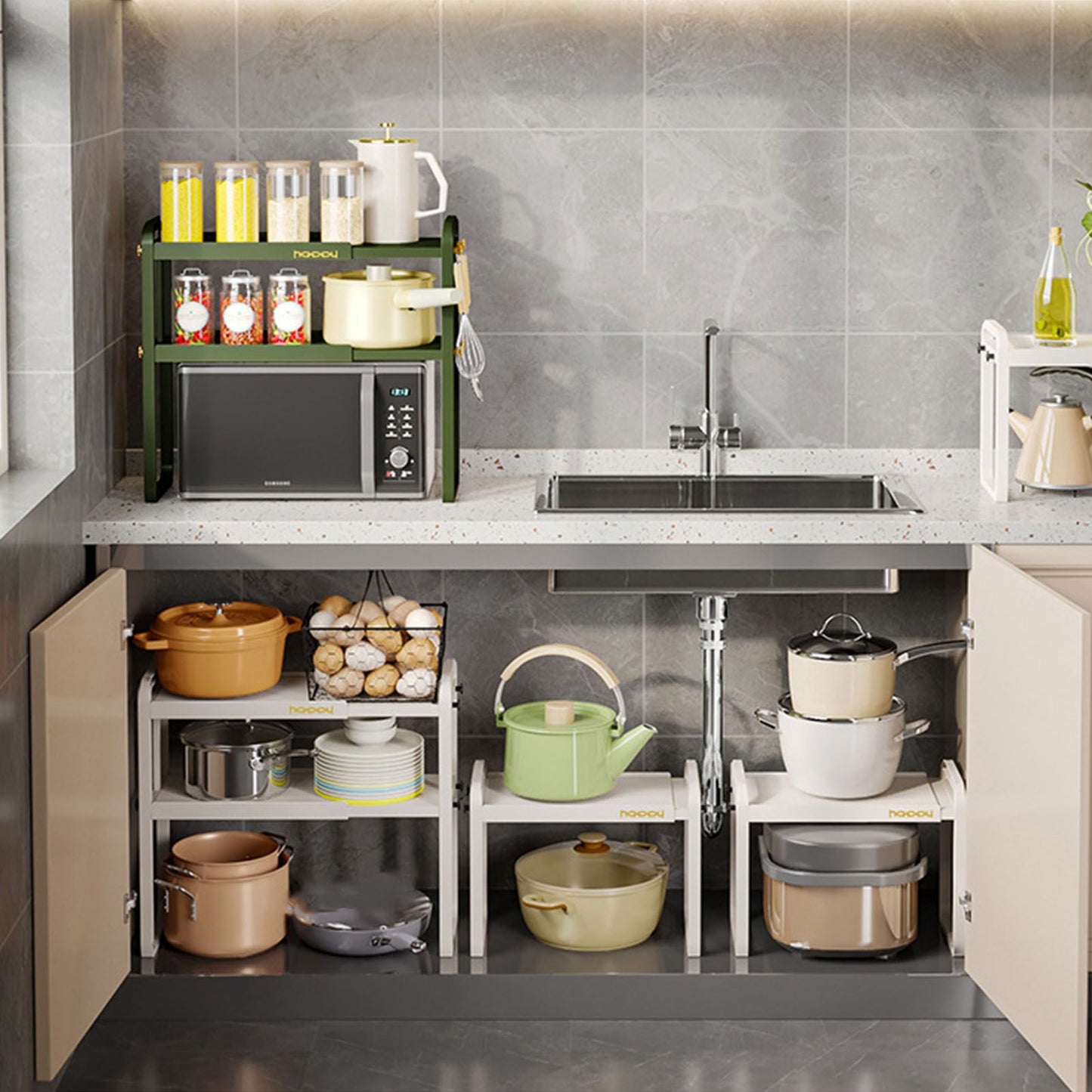 Tabletop Kitchen Storage Rack White Plastic Double Layers Telescopic Kitchen Shelf Organizer for Home Stove V1294-YM0521-3118220328711