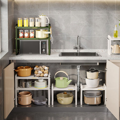 Tabletop Kitchen Storage Rack White Plastic Double Layers Telescopic Kitchen Shelf Organizer for Home Stove V1294-YM0521-3118220328711