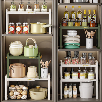 Tabletop Kitchen Storage Rack White Plastic Double Layers Telescopic Kitchen Shelf Organizer for Home Stove V1294-YM0521-3118220328711