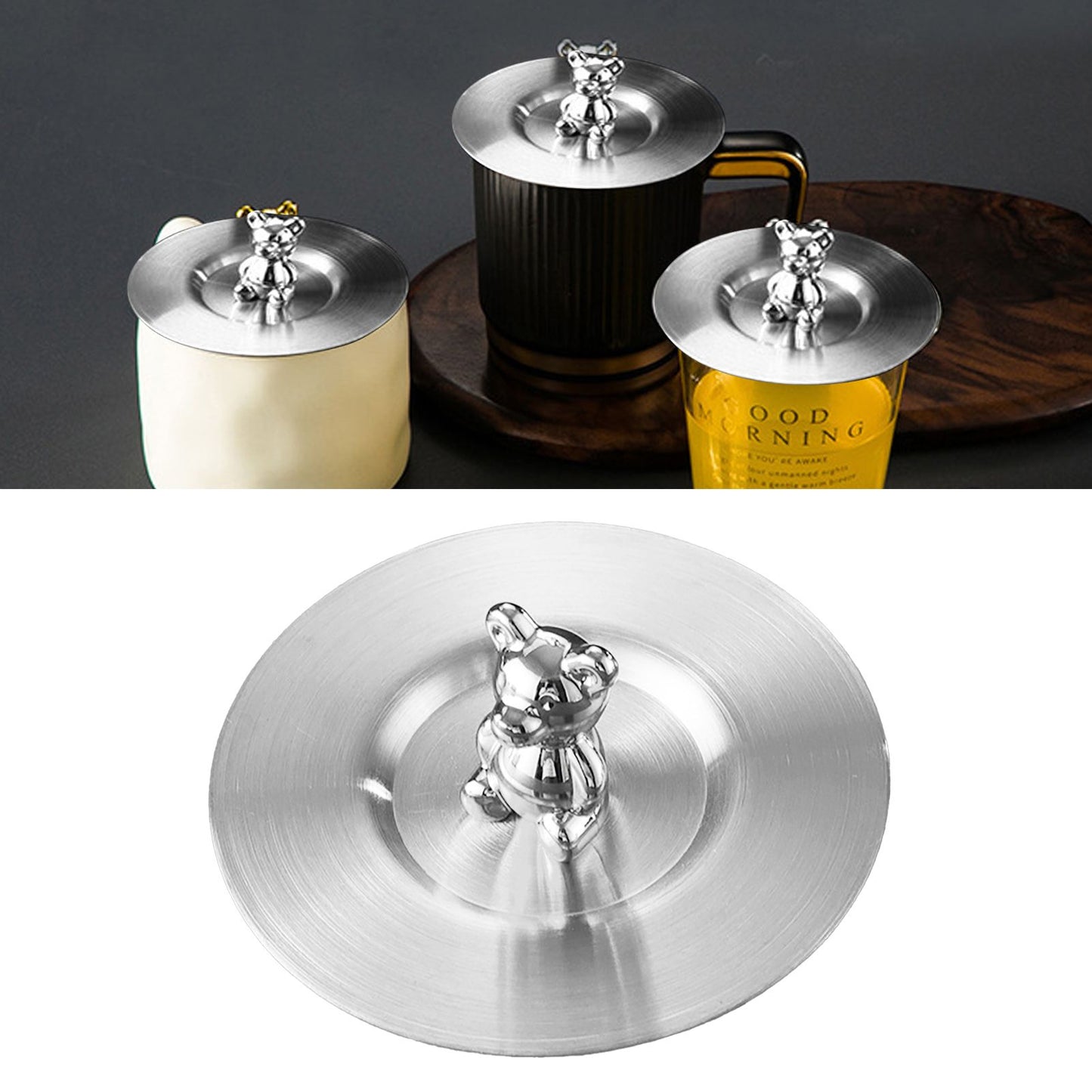 Cute Bear Cup Cover Stainless Steel Dustproof Rounded Edges Glossy Surface Artistic Cup Lid for Mug Glass Cup V1294-YM0521-3118230022711