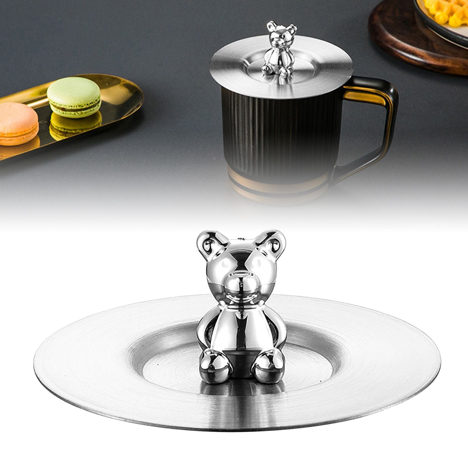 Cute Bear Cup Cover Stainless Steel Dustproof Rounded Edges Glossy Surface Artistic Cup Lid for Mug Glass Cup V1294-YM0521-3118230022711