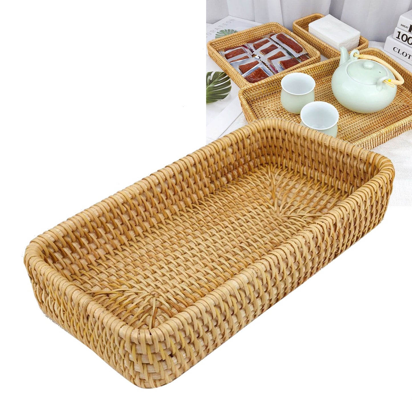 Rattan Tray Tabletop Organization Hand Woven Snack Storage Basket Multifunctional Serving Tray S V1294-YM0521-3118230023611