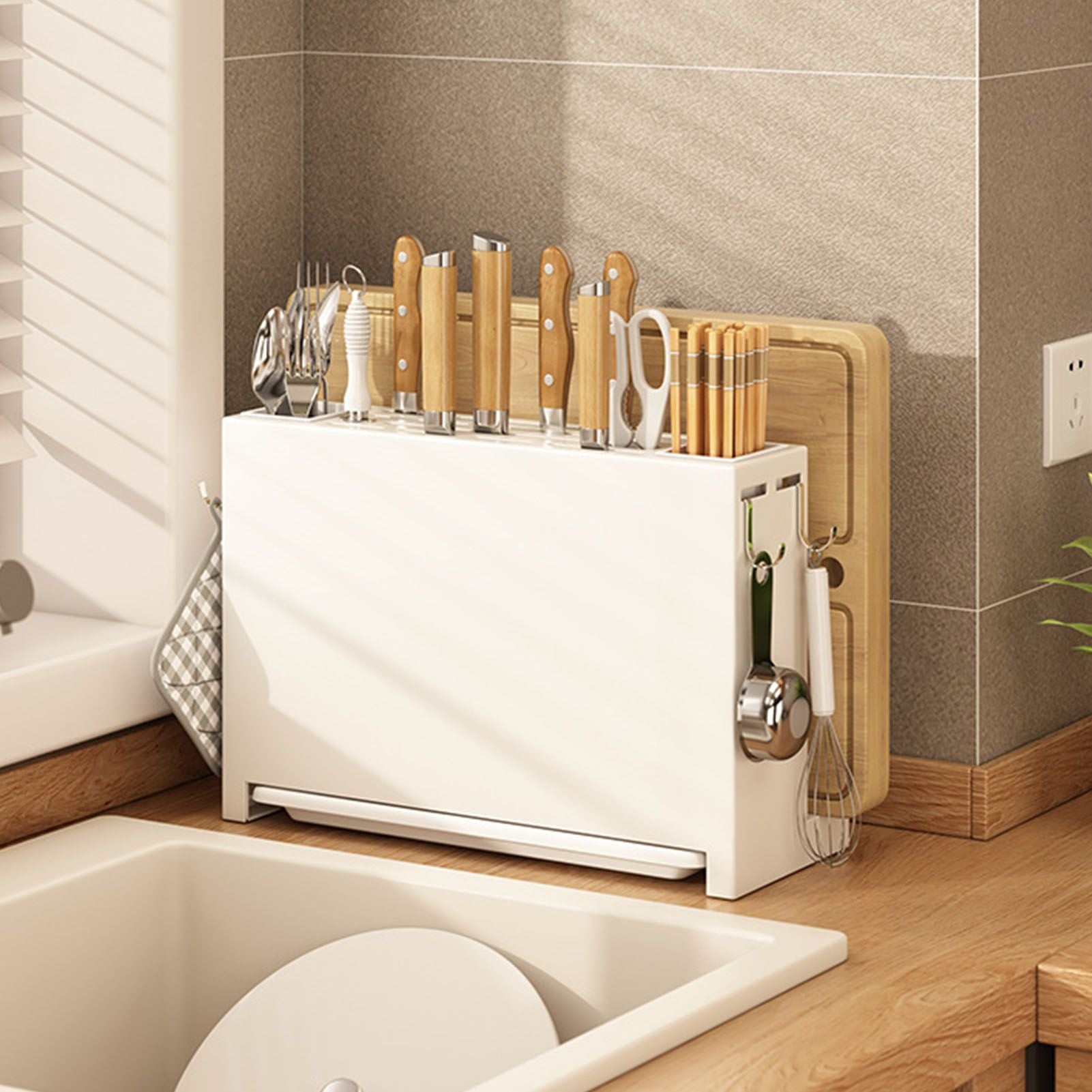 Kitchen Knife Drying Holder Integrated Chopsticks Cutting Board Storage Rack Organizer White V1294-YM0521-3118230028511