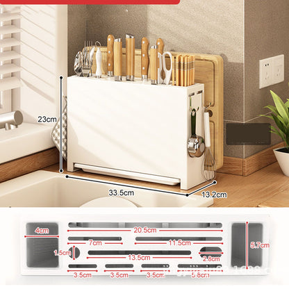 Kitchen Knife Drying Holder Integrated Chopsticks Cutting Board Storage Rack Organizer White V1294-YM0521-3118230028511
