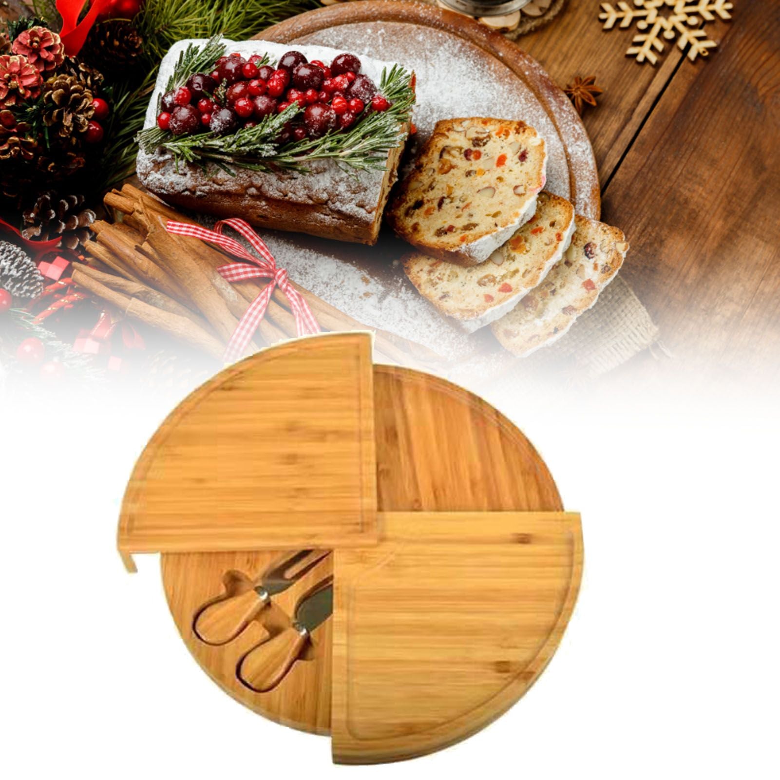 Bamboo Cheese Plate Board with 2 Knife Concealed Compartment Bread Fruit Snack Serving Tray V1294-YM0521-3118230033811