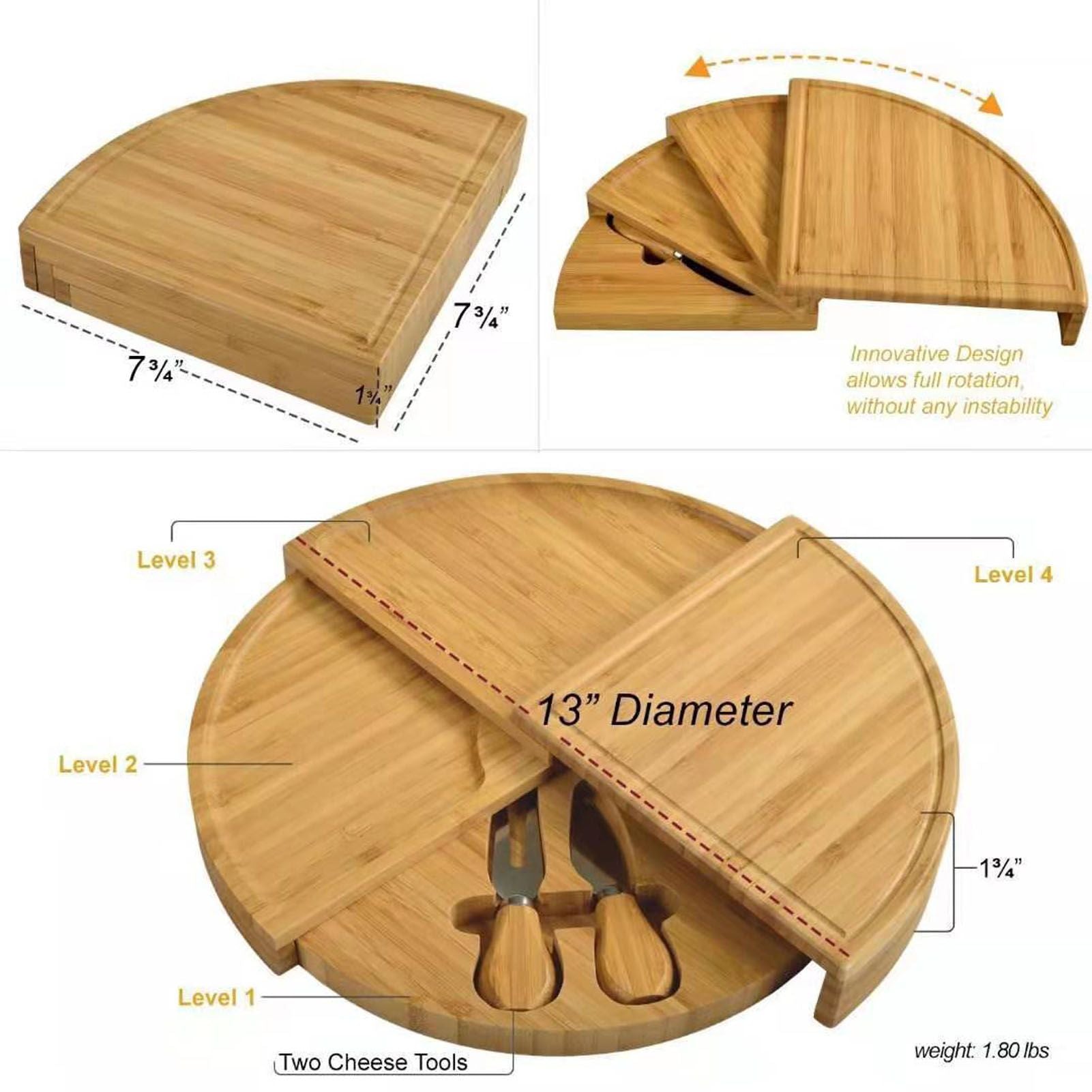 Bamboo Cheese Plate Board with 2 Knife Concealed Compartment Bread Fruit Snack Serving Tray V1294-YM0521-3118230033811