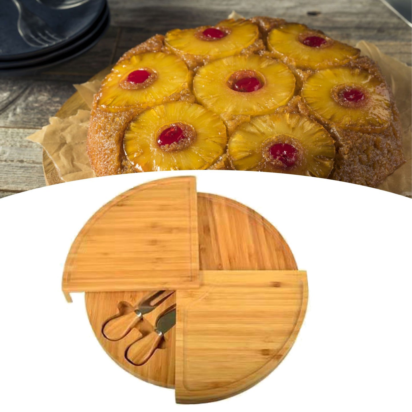 Bamboo Cheese Plate Board with 2 Knife Concealed Compartment Bread Fruit Snack Serving Tray V1294-YM0521-3118230033811
