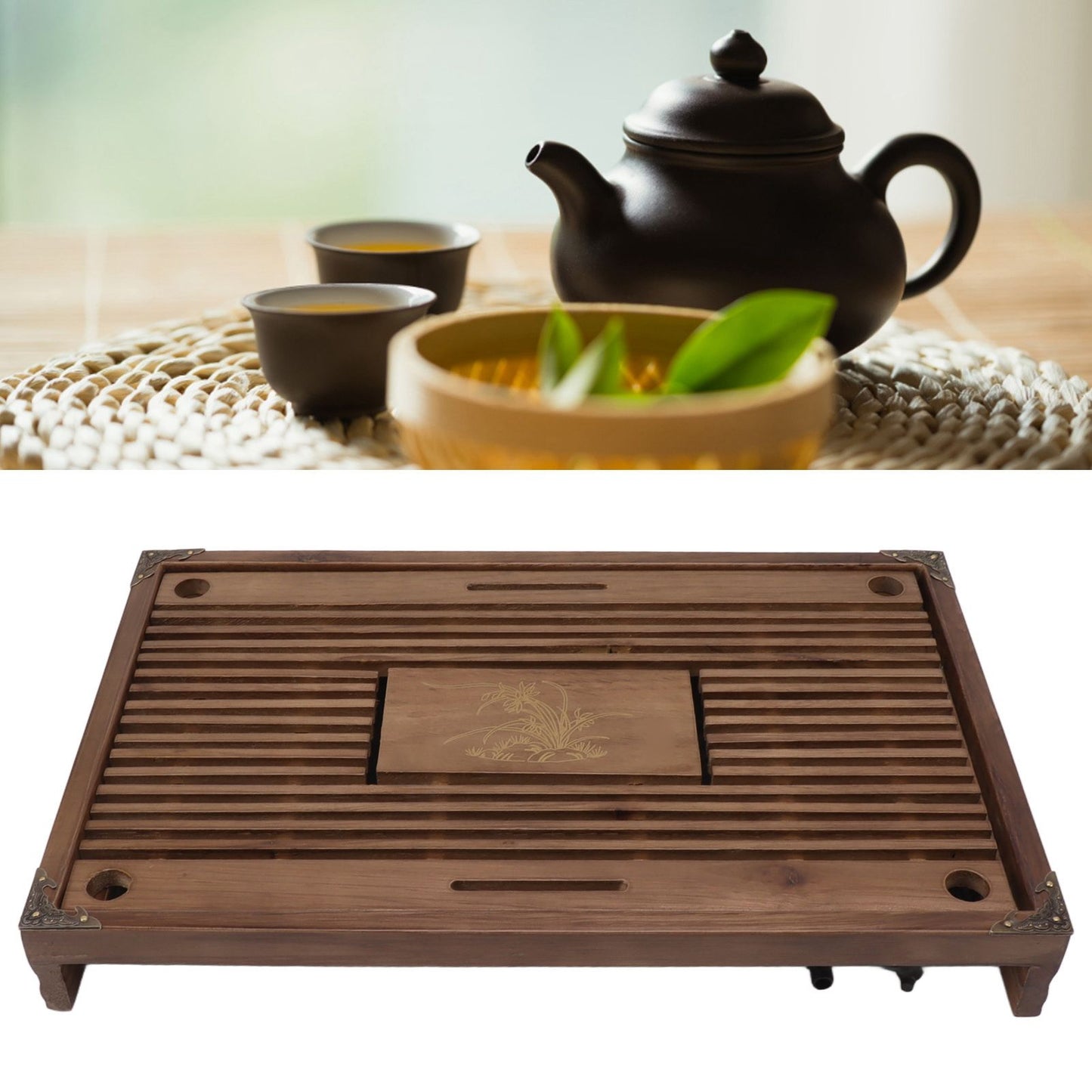 Gongfu Tea Tray Water Storage Drainage Home Decoration Ornament Serving Tray for Office Brown V1294-YM0521-3118230040111