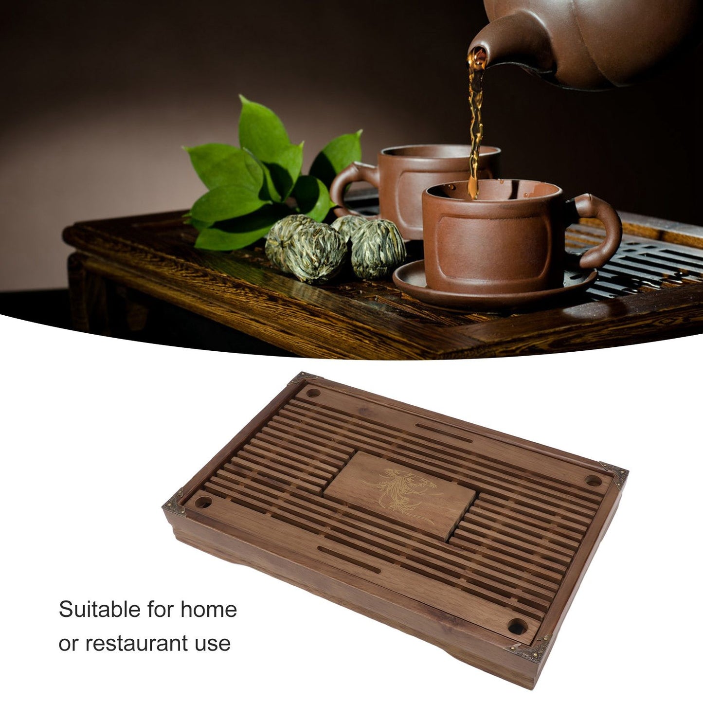 Gongfu Tea Tray Water Storage Drainage Home Decoration Ornament Serving Tray for Office Brown V1294-YM0521-3118230040111